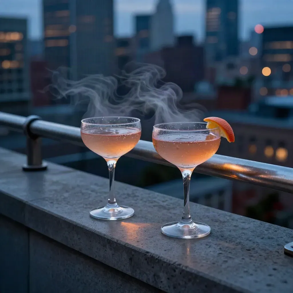 Two cocktails on a rooftop terrace at blue hour with city lights and railings.