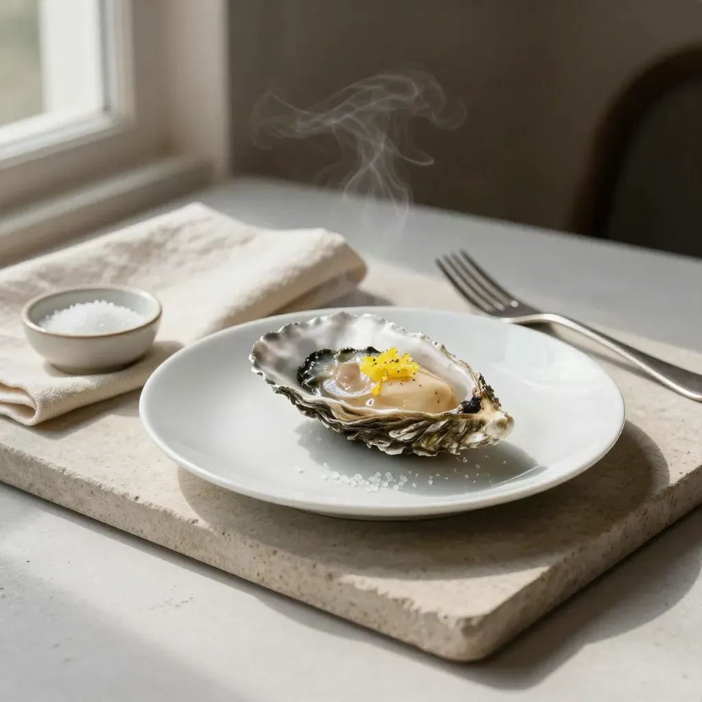 Matte white plate with a seared oyster, zest, salt, linen, and salt dish on stone.