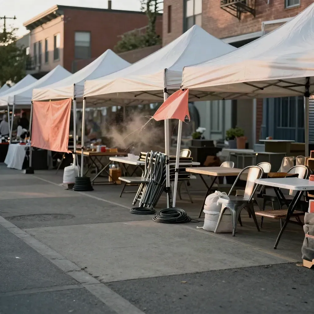 Empty Astoria street fair tents and folded chairs fluttering in warm late-afternoon light.