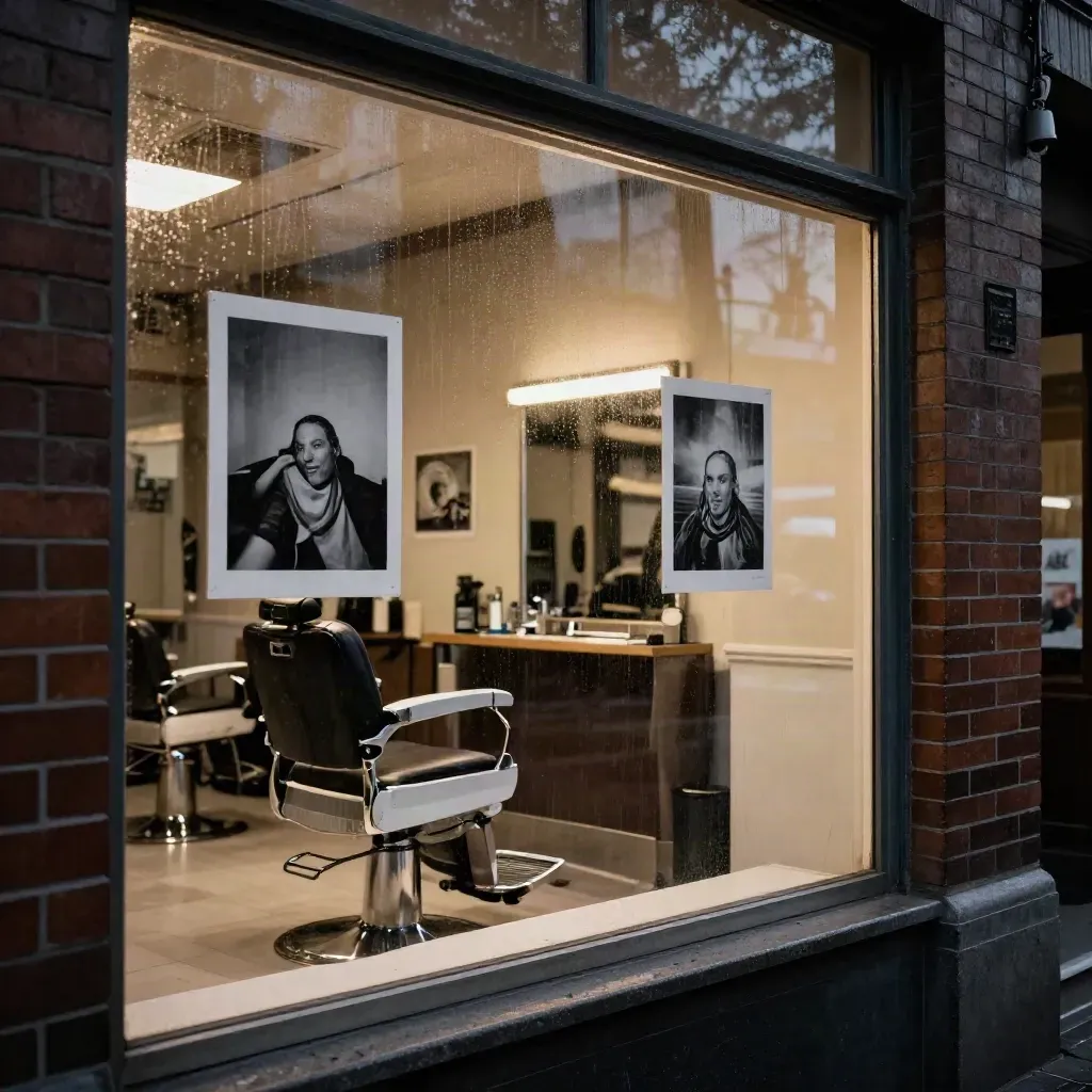Barbershop window with portrait prints and glowing chairs at dusk.