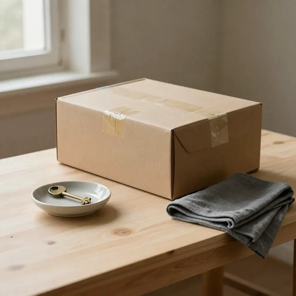 Moving box with tape roll and ceramic key dish on a pale wood bench