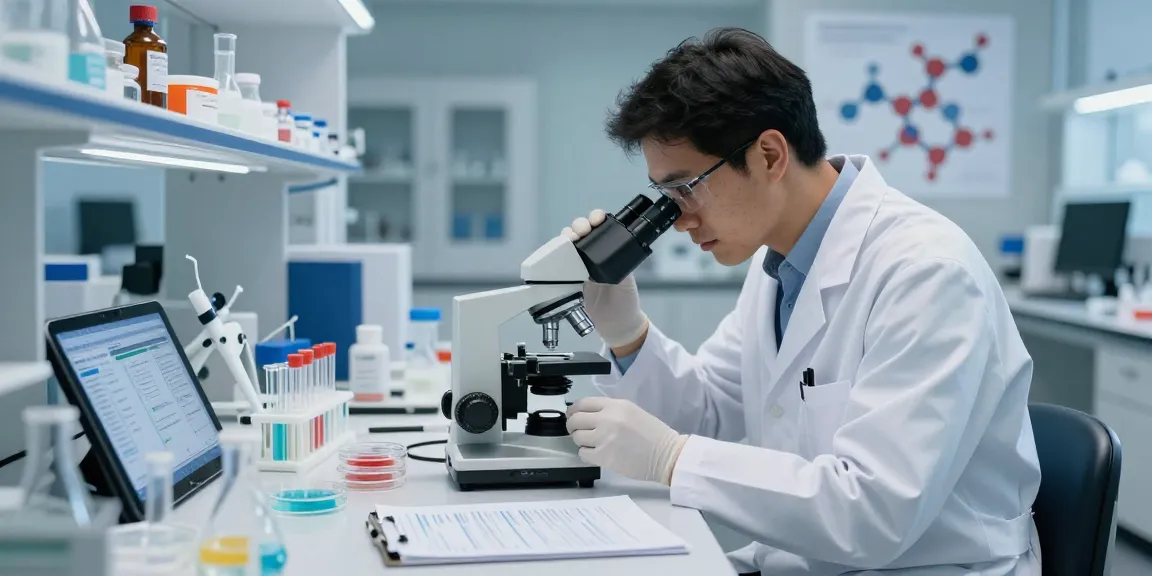 Researcher analyzing SwissChems peptides in a modern lab setup.