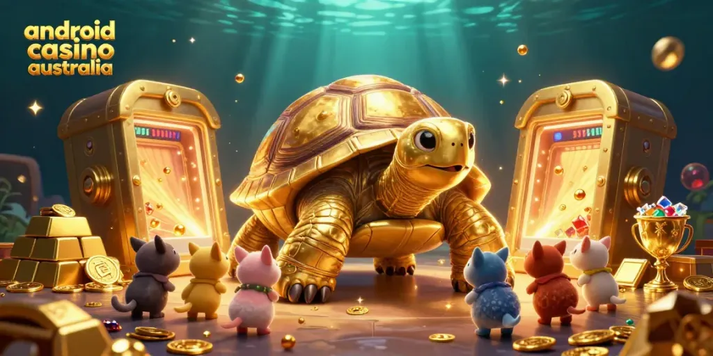 Engage with android casino australia's vibrant gaming scene featuring a colossal golden tortoise pinball.