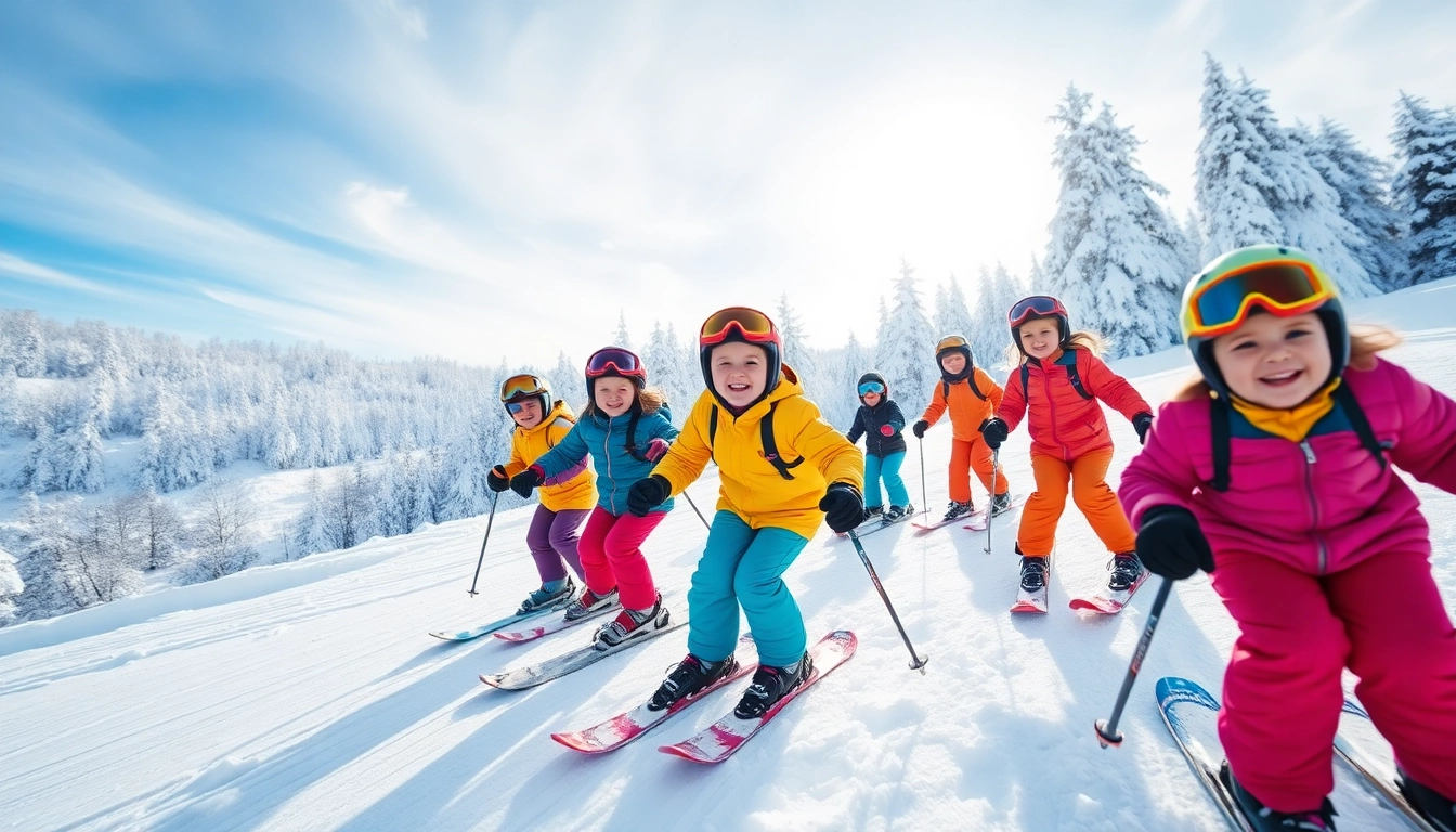 Kids enjoying seasonal ski rentals for kids massachusetts on a snowy hill.