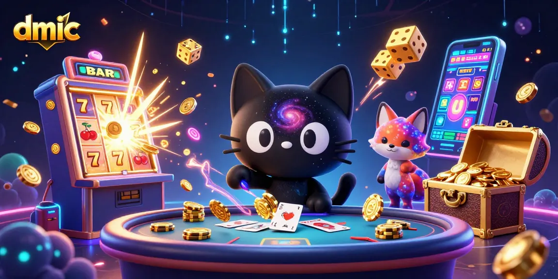 dmic engages players with a cosmic casino scene featuring a black hole cat attracting golden chips and cards.
