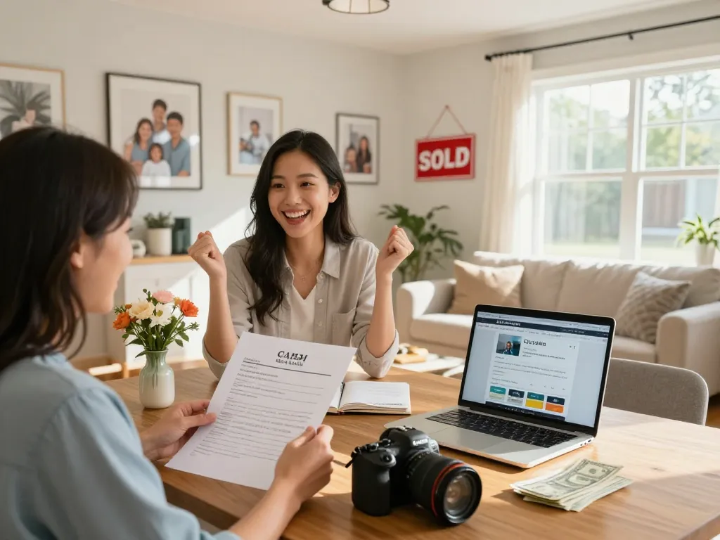 Sell my house fast for cash moment with happy homeowner celebrating cash offer in bright living room.