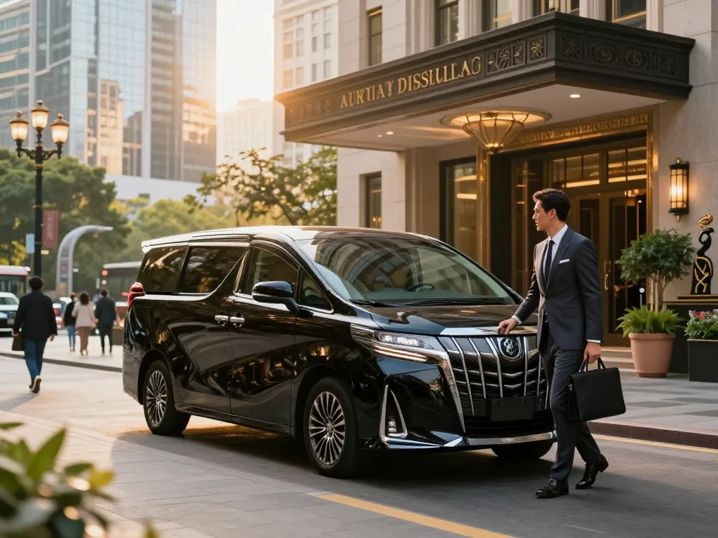 cho thuê xe Toyota Alphard với doanh nhân bước ra trước một khách sạn sang trọng