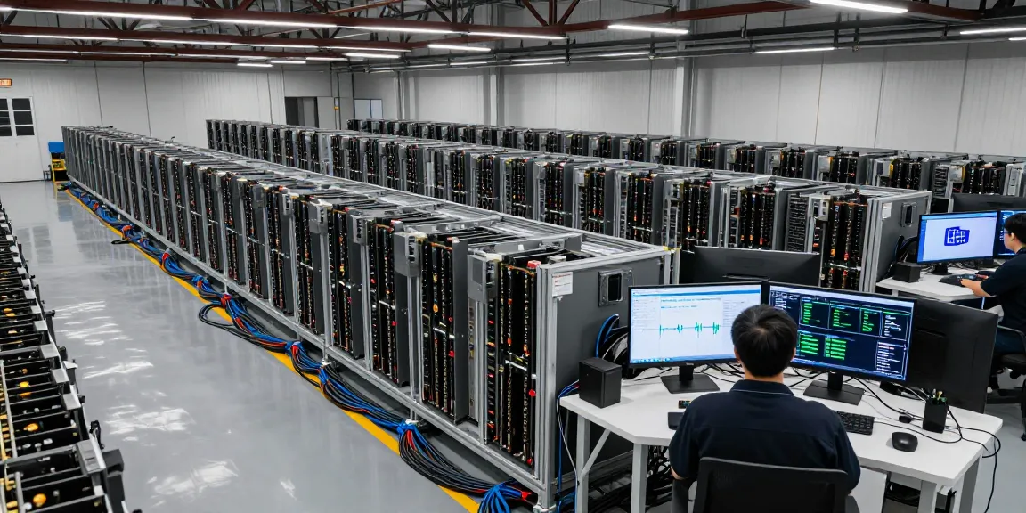 Bitcoin mining farm with ASIC rigs and monitoring systems, showcasing blockchain technology in action.