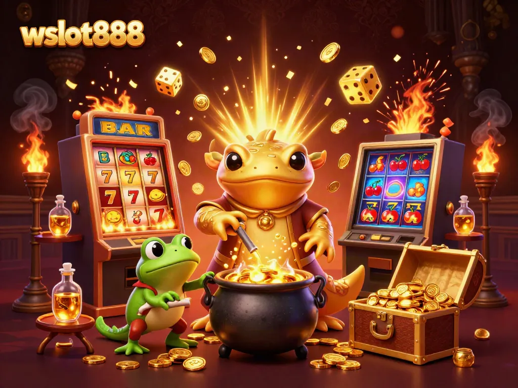 Memainkan wslot888 dengan gambar ilustrasi ceria dari alkemis dan karakter kartun slot yang menarik.