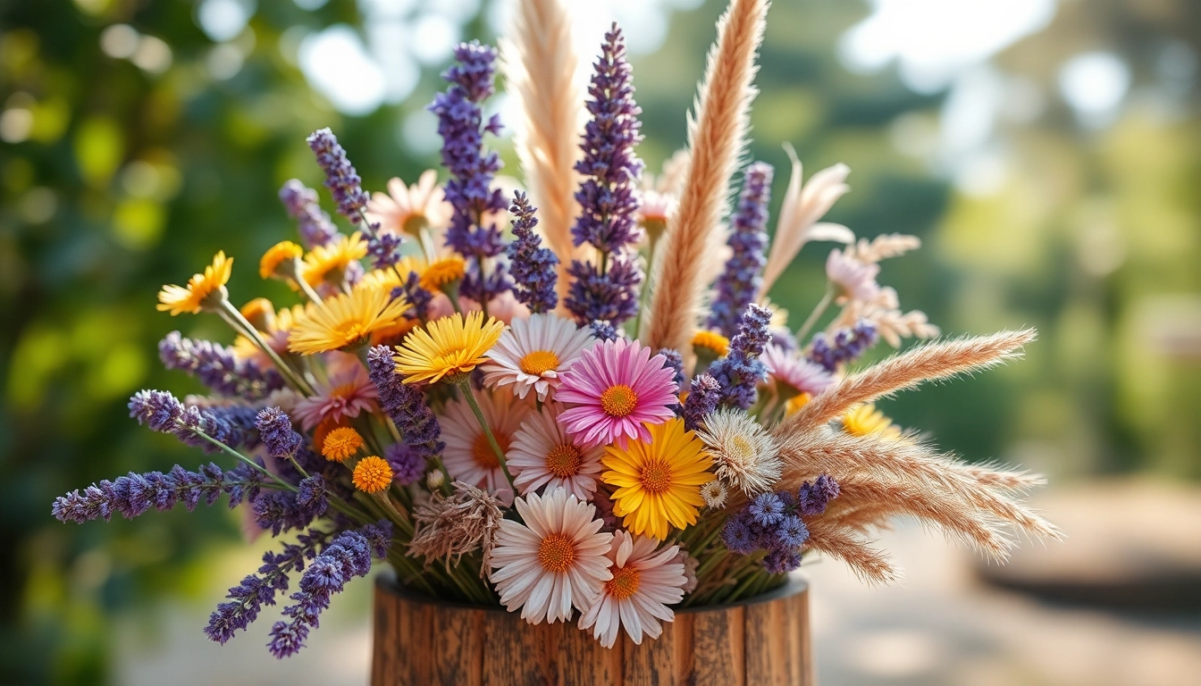 Arranging dried flowers in a rustic vase, showcasing vibrant colors and textures.