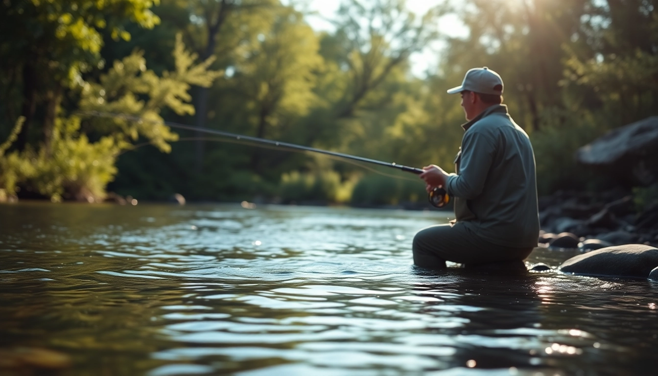 Beginners fly fishing with focus in a serene river, framed by lush greenery and soft sunlight.
