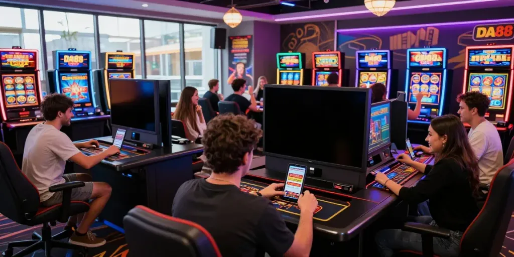 Players enjoying thrilling casino games at the DA88 online gaming lounge, showcasing vibrant atmosphere and excitement.