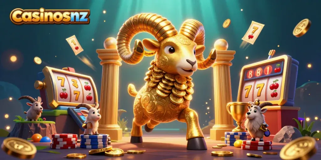 Win big with casinosnz at an engaging casino scene featuring a golden ram, slot reels, and celebratory elements.