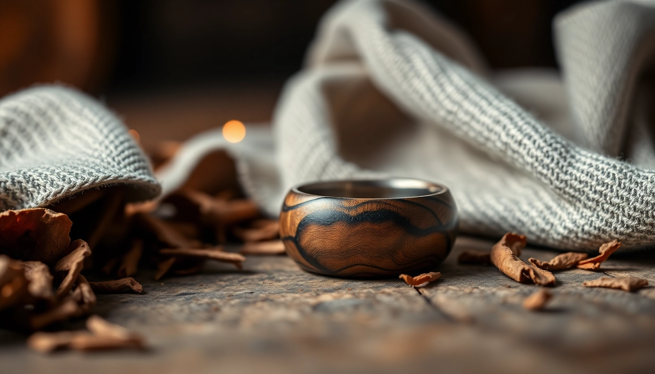 Admire the intricate design of Whiskey Barrel Wedding Bands with unique wood grain textures.