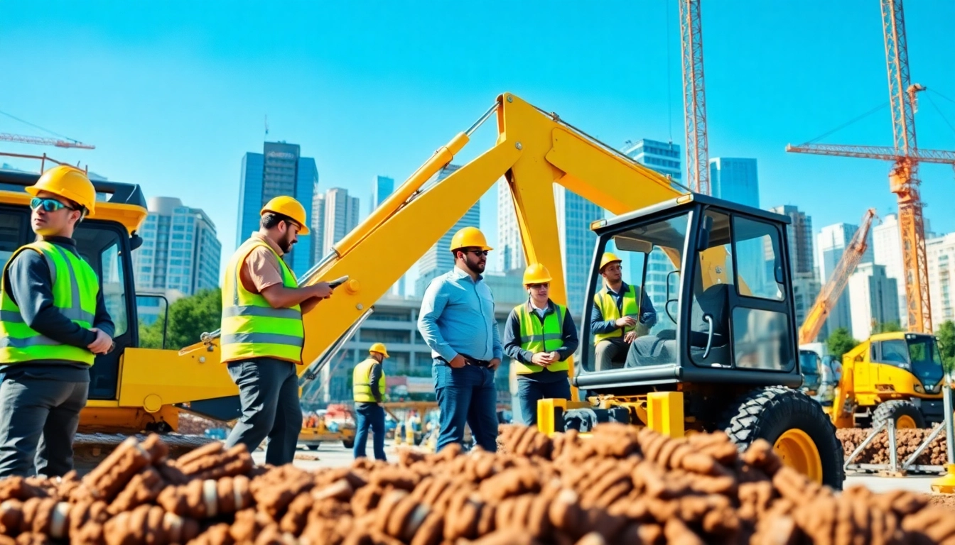 Visualize construction events featuring industry professionals collaborating and operating machinery in an urban setting.