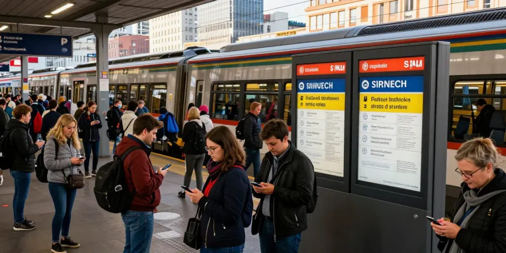 Scioperi treni updates at a busy train station with commuters checking notifications.