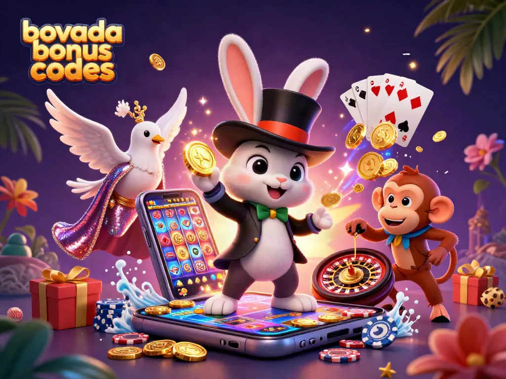 Engage with Bovada bonus codes through an enchanting scene of a magician rabbit and casino themes.