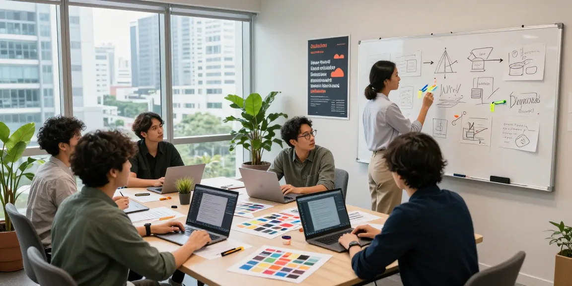 Dynamic team brainstorming at a branding agency in KL, showcasing creativity and collaboration.