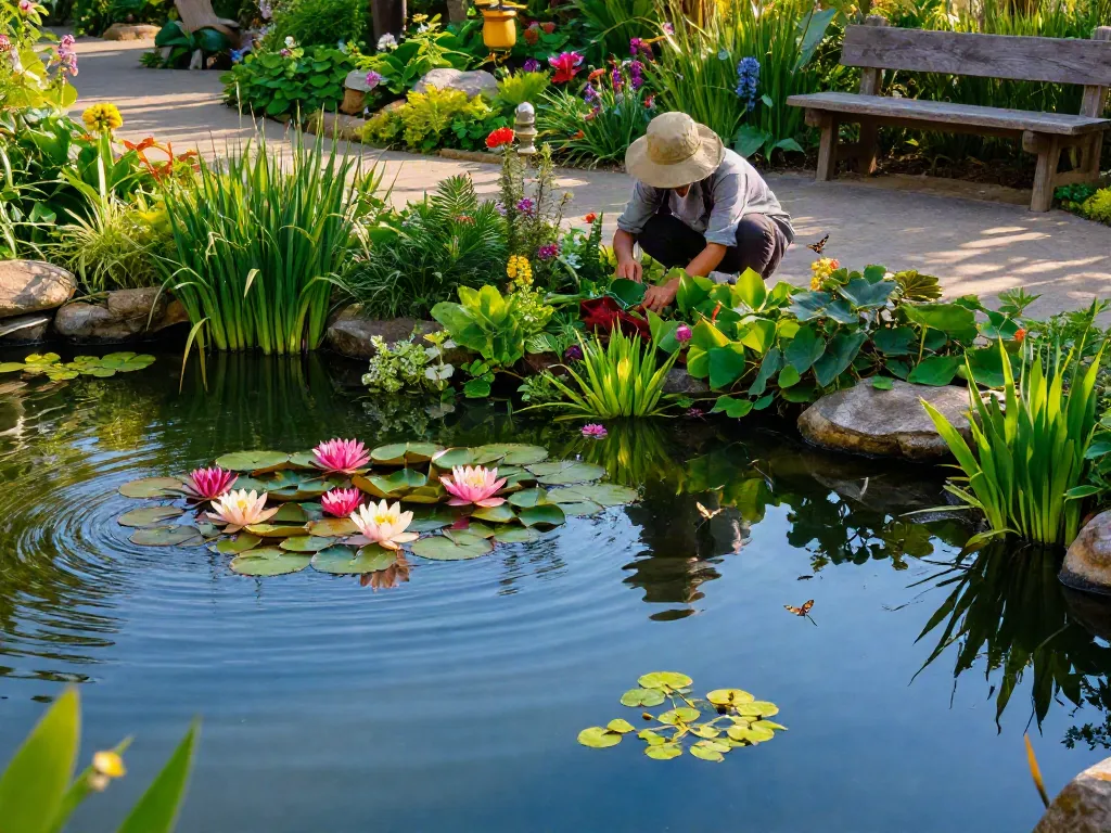 Pond Plants flourishing in a serene garden pond with a gardener arranging water lilies and marginals.