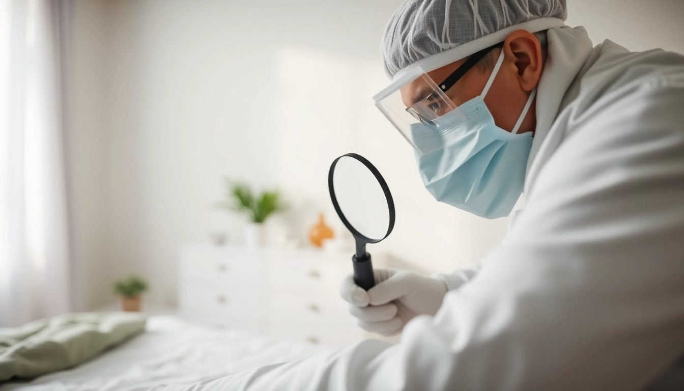 Bed bug exterminator waukesha performing inspection in a clean, safe bedroom environment.