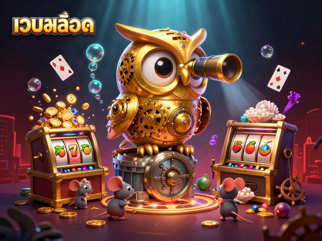 Engage with เว็บสล็อต in a vibrant 3D scene showcasing an owl and mice in an exciting casino