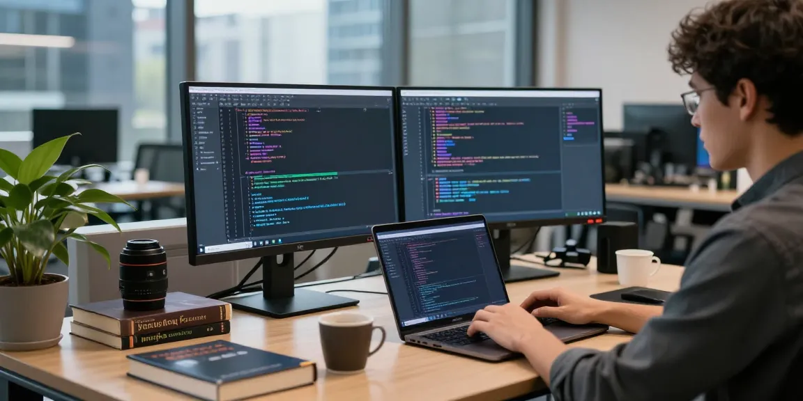 Workspace with developer engaged in 纸飞机下载 coding, showcasing tech gadgets and a modern office atmosphere.