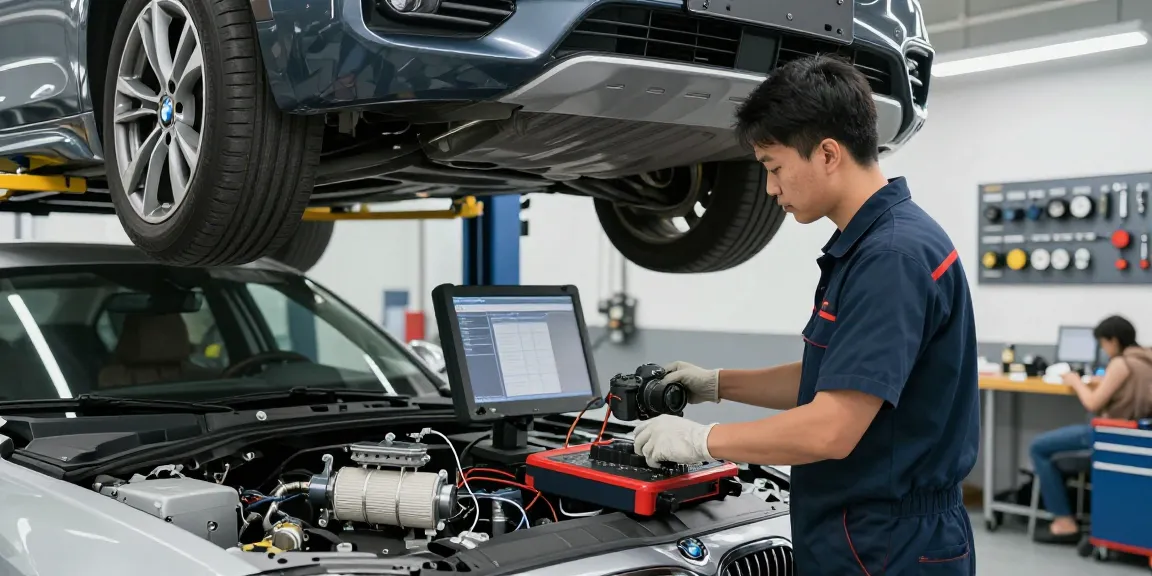 Professioneller Service in der BMW Werkstatt Hannover, Mechaniker bei der Arbeit an einem Fahrzeug mit modernem Diagnosewerkzeug.
