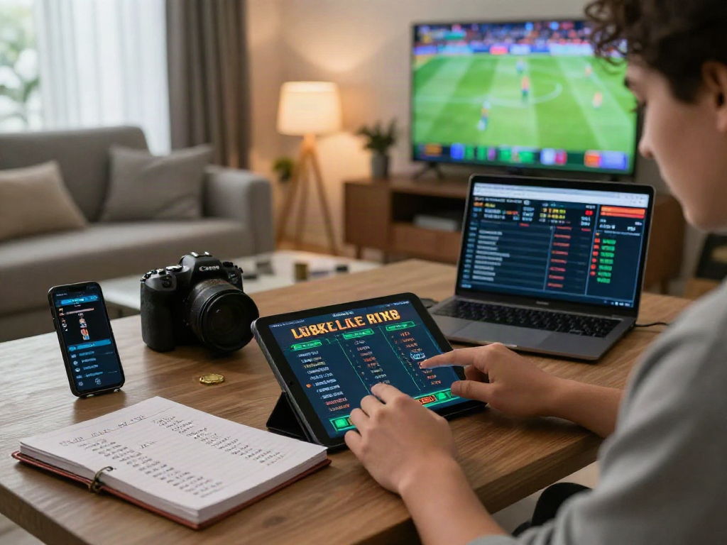 Live betting experience at home showing 먹튀검증 추천 먹튀스팟 with tablet, notebook, and sports on TV.