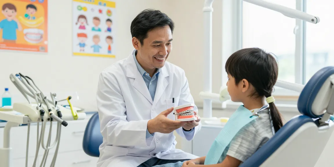 Adult orthodontist guiding a child through treatment options in a welcoming dental clinic.