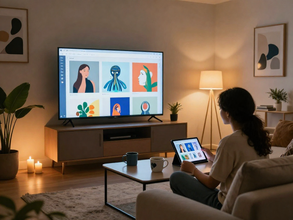 Couple exploring AI porn artwork together in a cozy modern living room atmosphere.