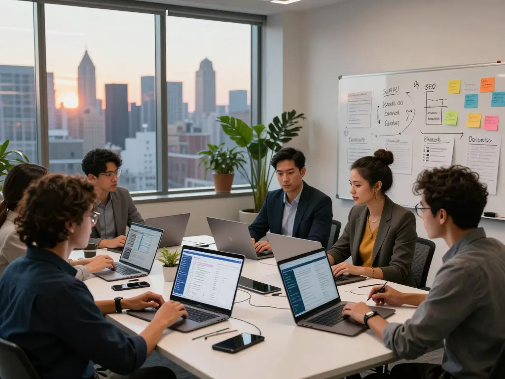 SEO Company in NYC team collaborating at modern office with analytics tools and skyline view.