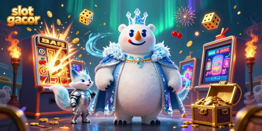 Experience the thrill of slot gacor with a vibrant jackpot scene featuring dynamic characters and exciting casino elements.