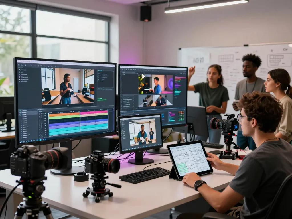 Team using seedance 2.0 for AI video production in a modern studio.