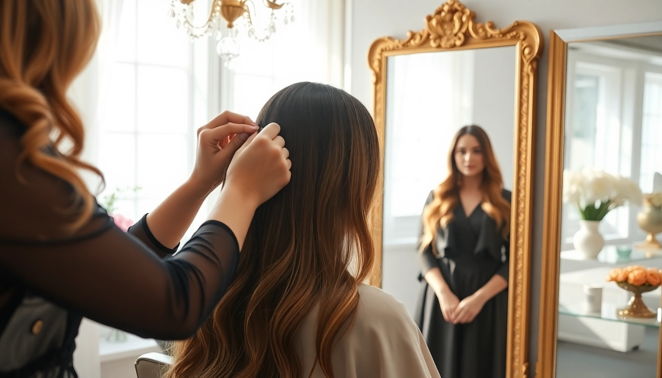 Sew in weft hair extensions application in a stylish salon, showcasing expert technique and quality.