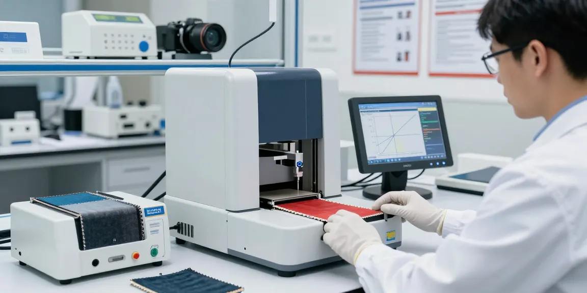 Technician using ASTM D5034 grab test equipment in a professional lab setting, showcasing SmartPull tensile strength tester and fabric testing.