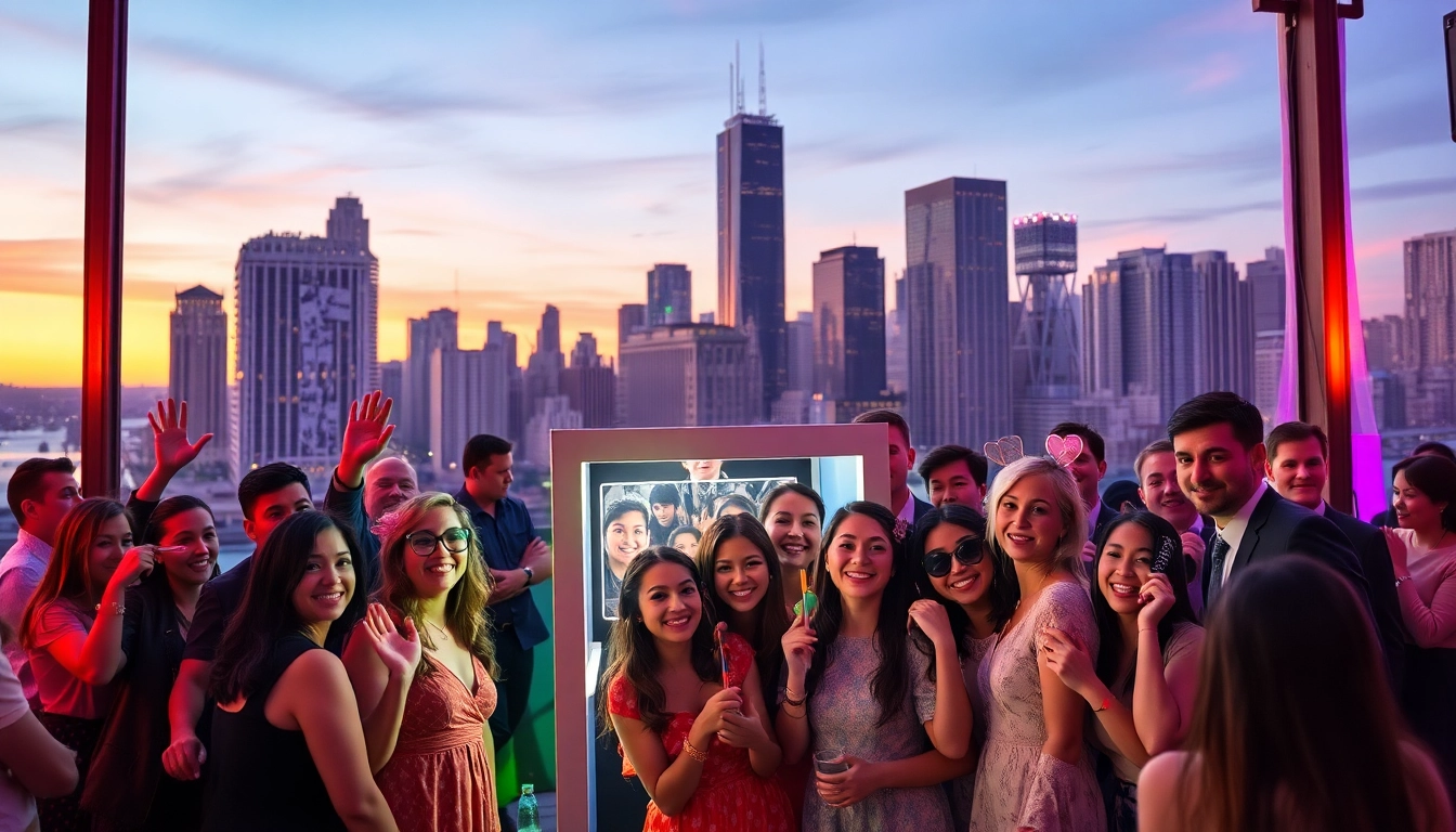 Guests enjoying a photo booth chicago at a lively event with stunning city skyline.