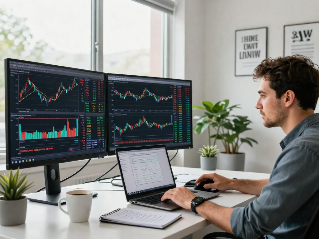 使用TradingView进行股票、外汇和加密货币分析的交易员在现代办公室中专注于多个屏幕的实时行情。