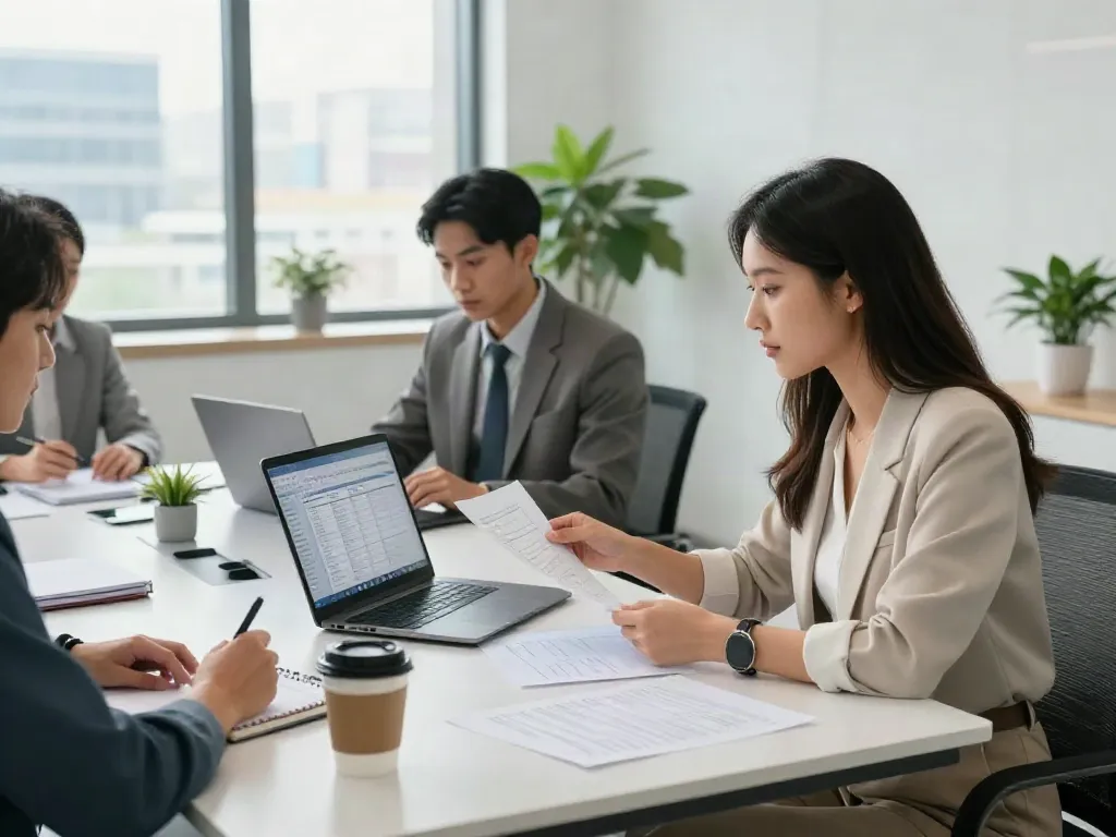 Tax office software in use by professionals collaborating in a modern workspace.