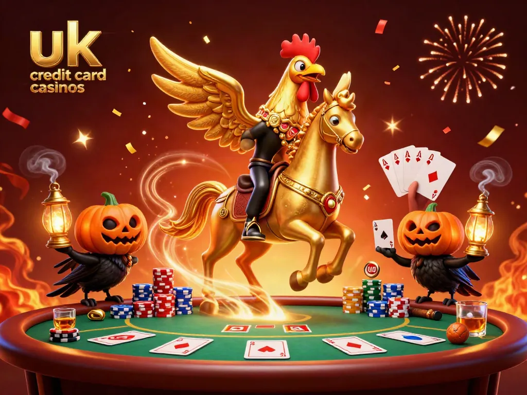 Experience excitement at uk credit card casinos with a golden rooster in a lively casino scene surrounded by poker elements.