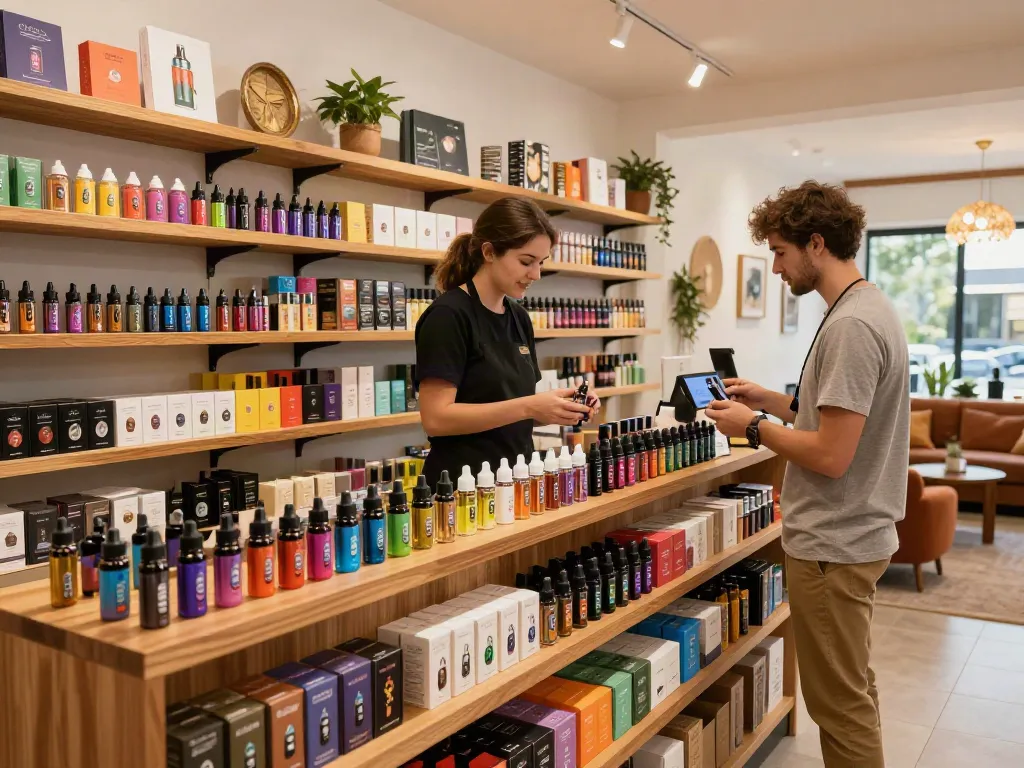 Showcasing diverse salt nic vapes in a vibrant vape shop atmosphere with knowledgeable staff.