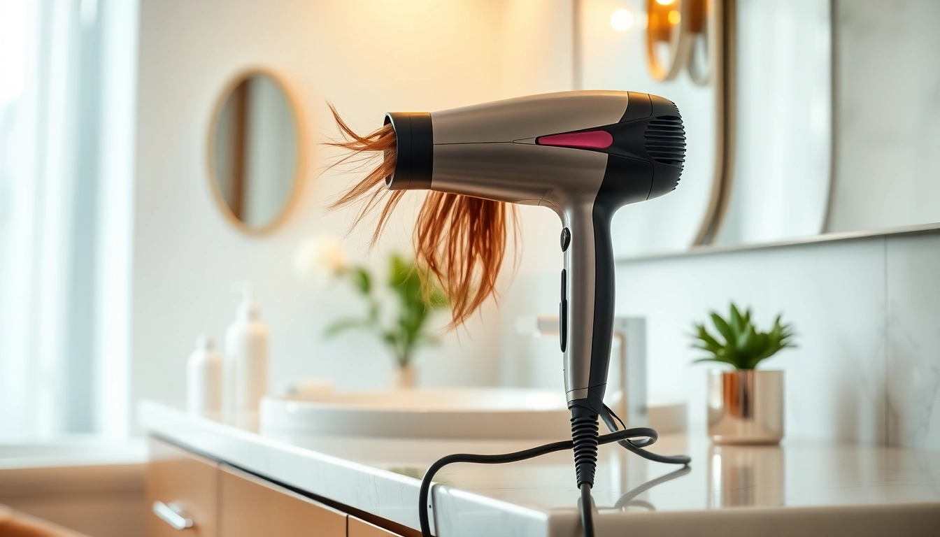 Stylish hair dryer for frizzy hair placed elegantly on a bathroom vanity.