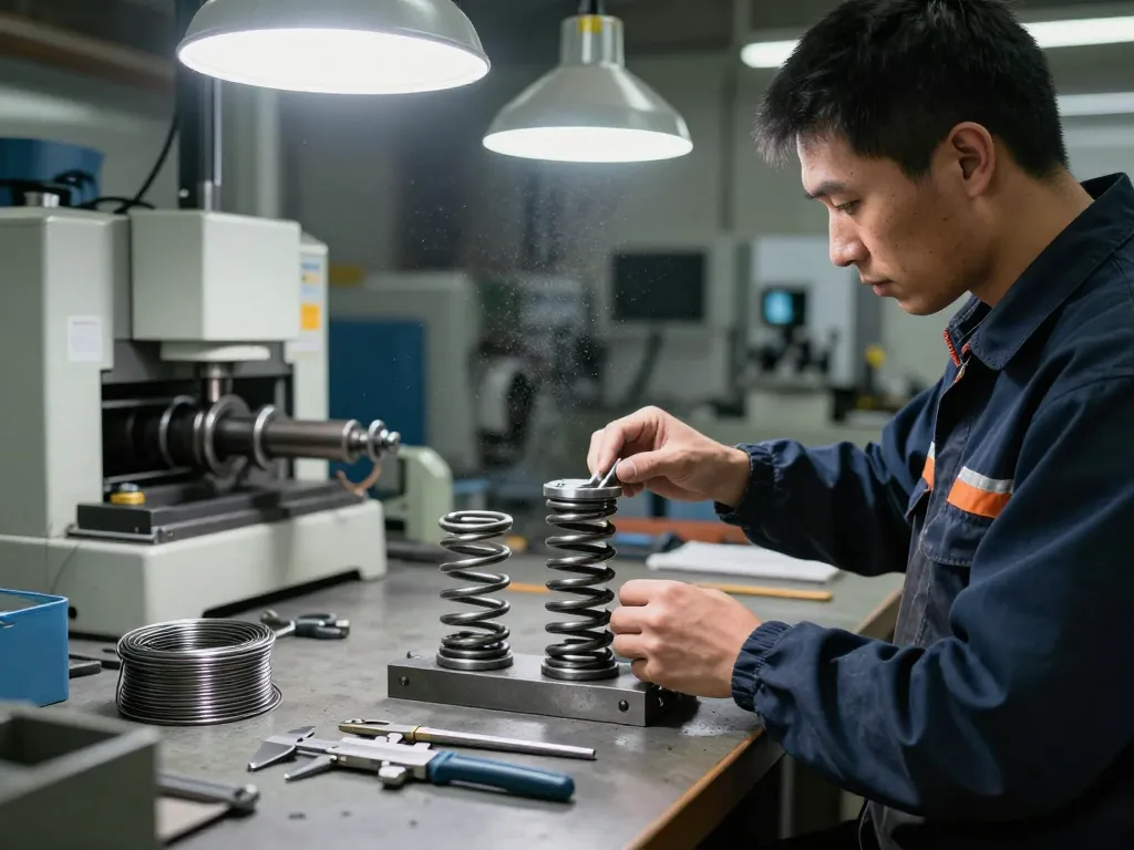 Vedere detaliată a procesului de fabricație a arcurilor torsiune cu tehnician specializat inspectând arcul metalic, evidențiind precizia industrială și calitatea.