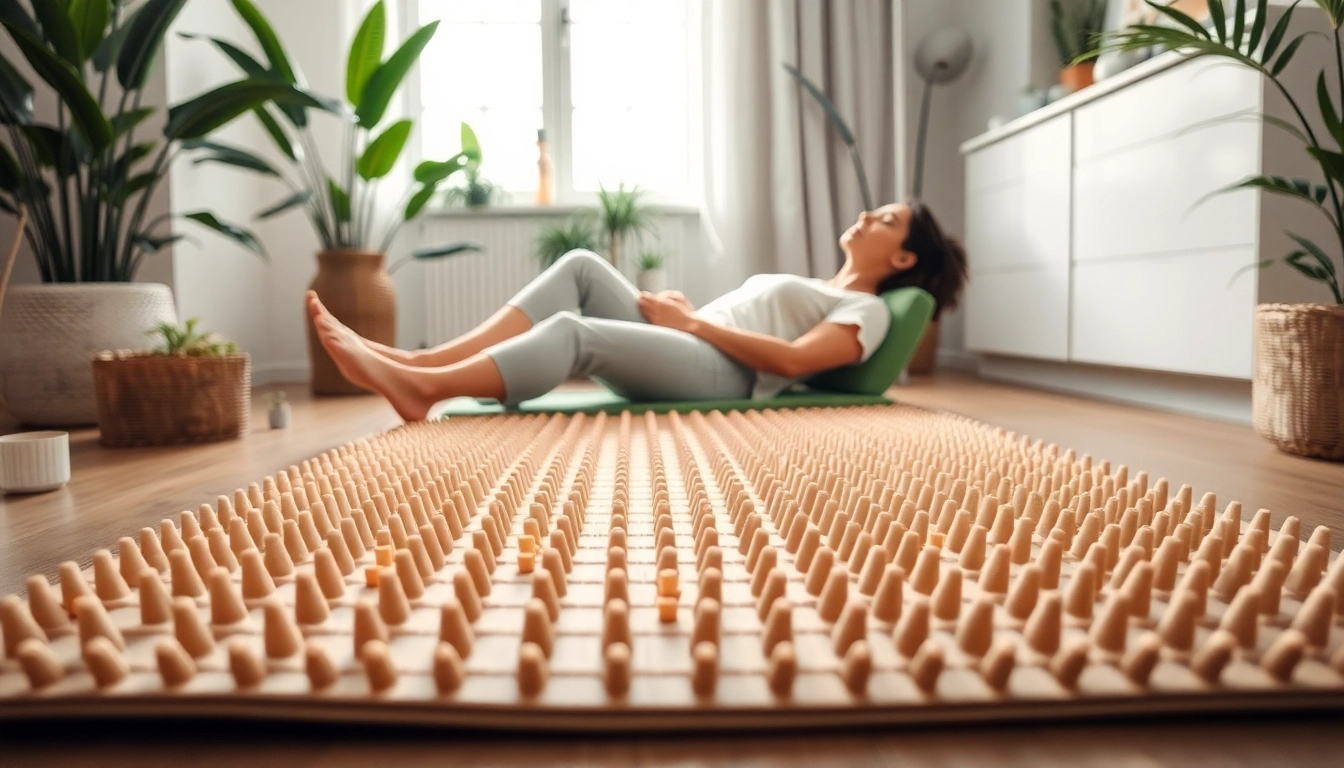 Fakirmatte providing relaxation and relief on a serene background for stress relief.