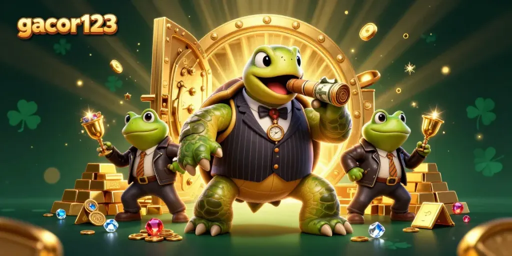 Win big at gacor123 with a cartoon treasure scene featuring a turtle and bullfrogs in a vibrant casino layout.