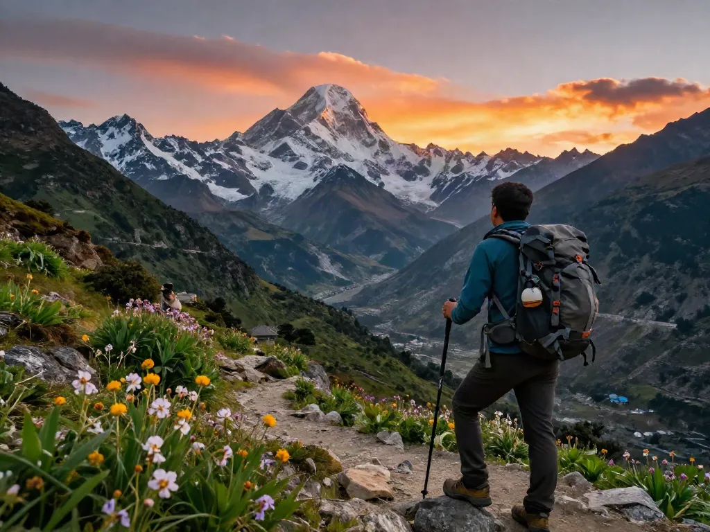 Manaslu Circuit Trek adventure with traveler enjoying breathtaking views of Mount Manaslu during sunset, showcasing the stunning Himalayan landscape.