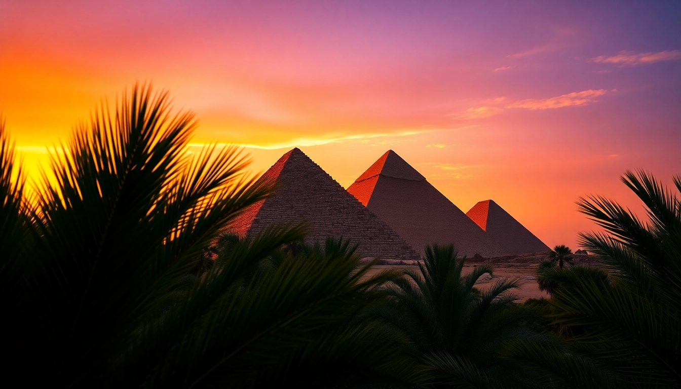 Explore the stunning pyramids of Egypt, showcasing their grandeur at sunset with vibrant colors.