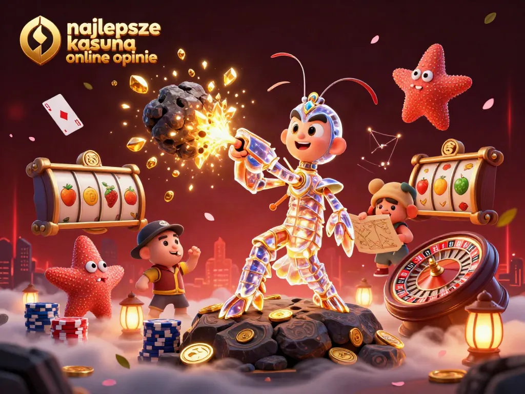 Explore najlepsze kasyna online opinie with a dynamic 3D casino-themed illustration featuring vibrant characters and game elements.