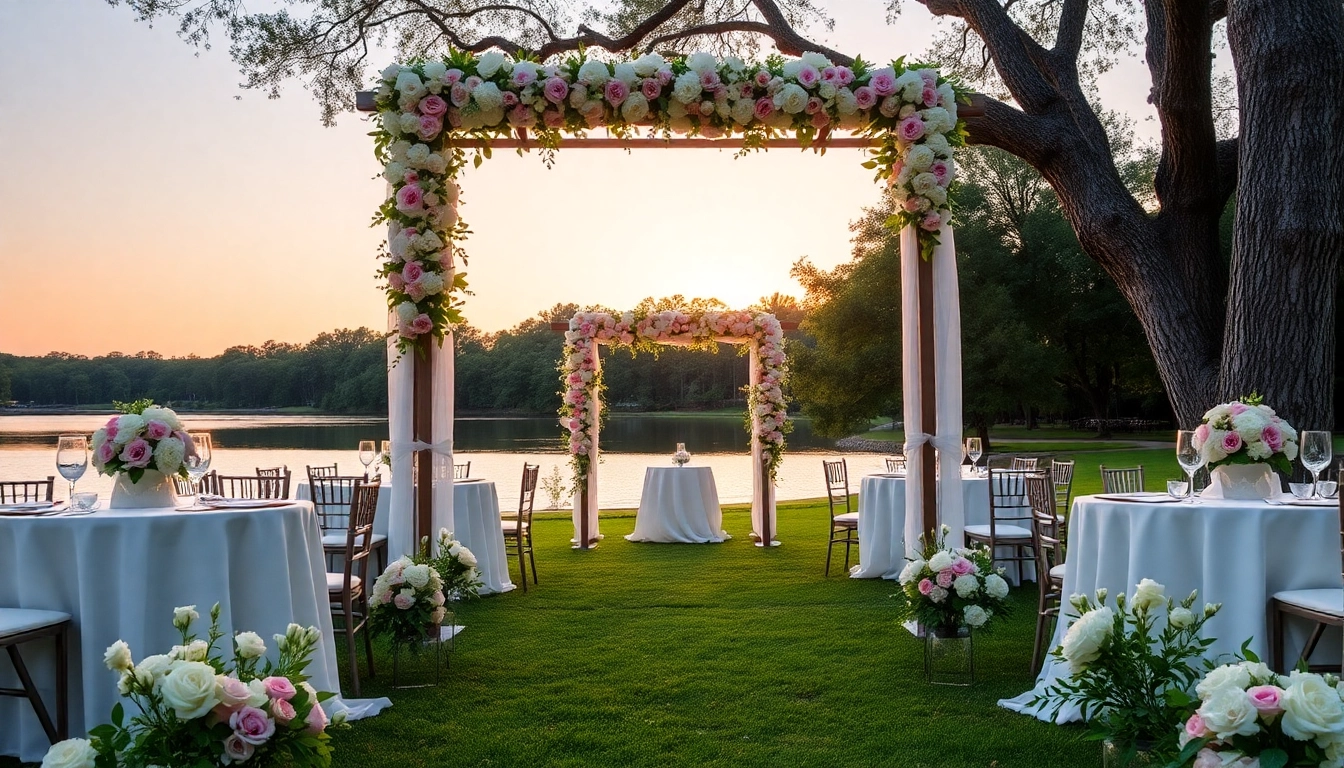 Experience a romantic outdoor ceremony at a Jacksonville Wedding Venue, adorned with elegant floral decor and fairy lights.