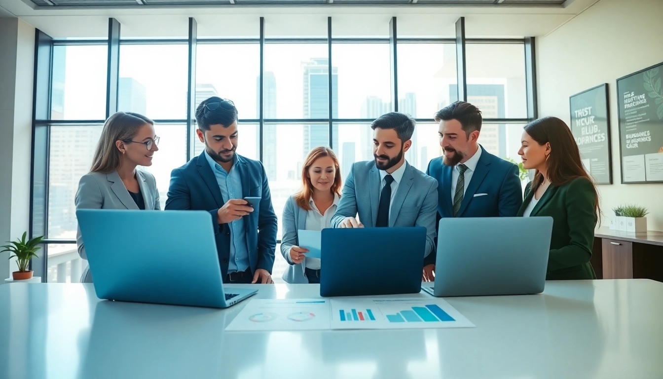 Analyze AI for competitive intelligence with a diverse business team engaging and collaborating in a modern office.