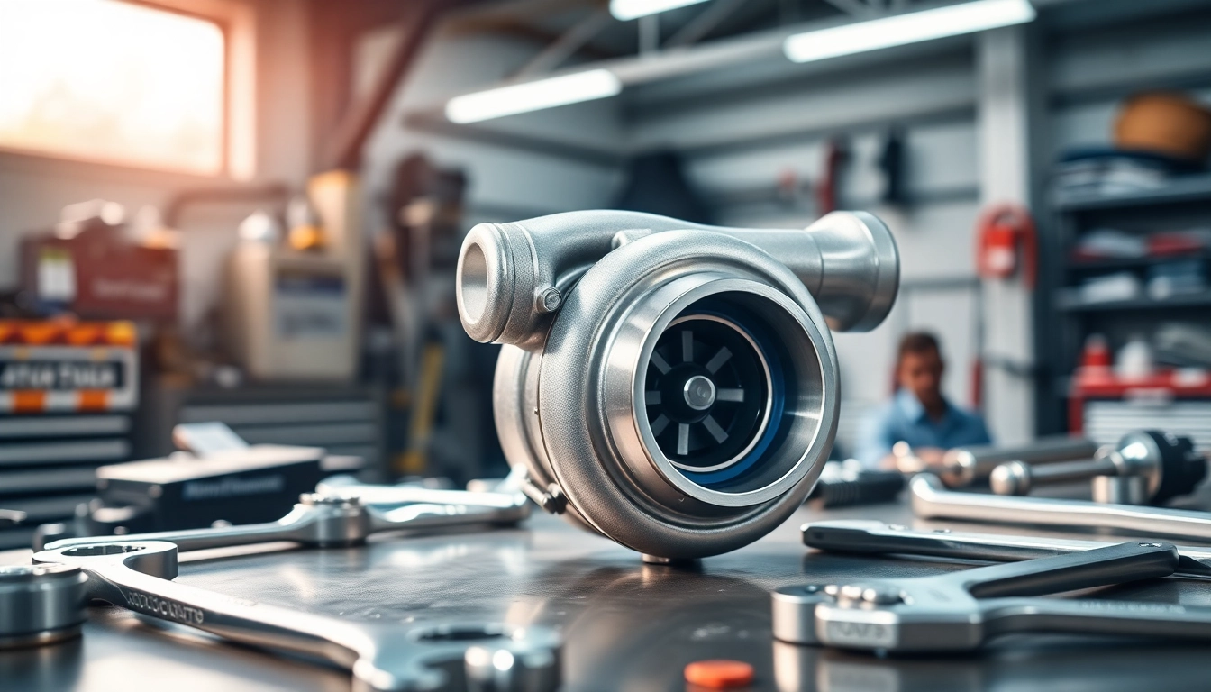 Examine the intricate details of a Turbosmart ball bearing turbo among automotive tools on a workbench.